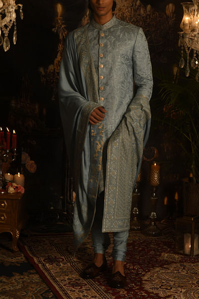 Celestial blue floral embroidery sherwani set