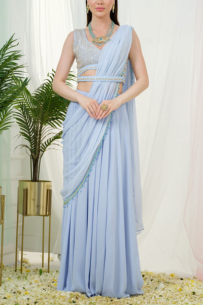 Cerulean blue conceptual draped saree set