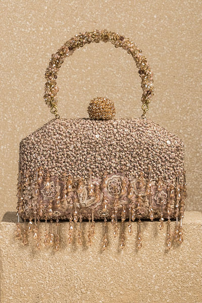 Champagne 3D embellished fringed clutch