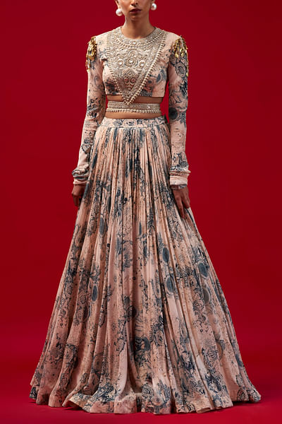 Champagne and blue printed lehenga set