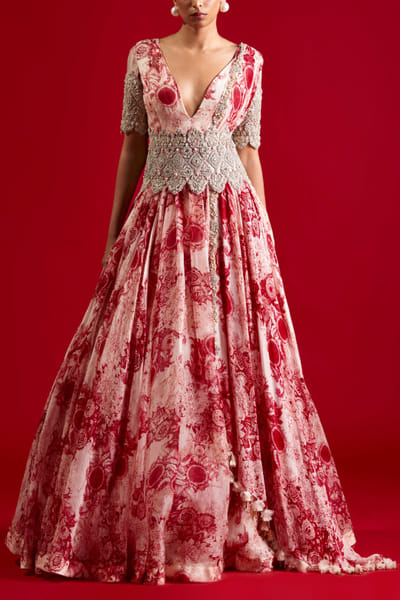 Bhumika Sharma Champagne and red printed anarkali set BMSAPR202305