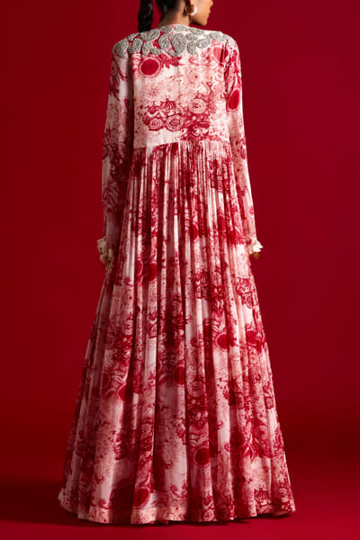 Bhumika Sharma Champagne and red printed jacket anarkali set BMSAPR202313