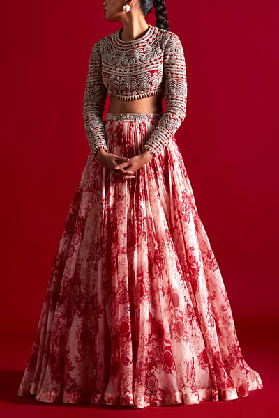 Champagne and red printed skirt set