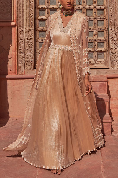 Champagne pearl and sequin embellished anarkali set