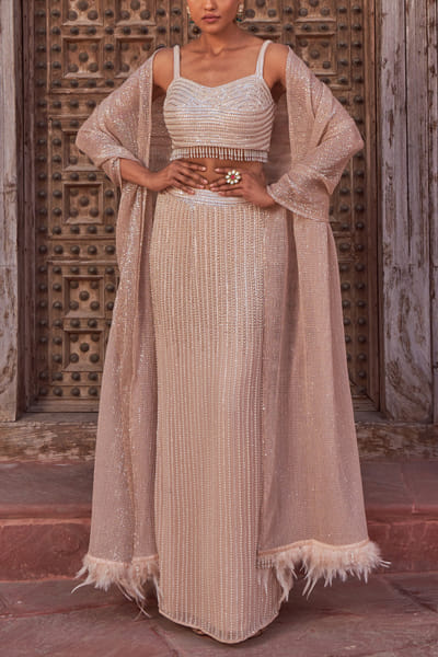 Nidhika Shekhar Champagne pearl and sequin embellished skirt set NISMAY2310