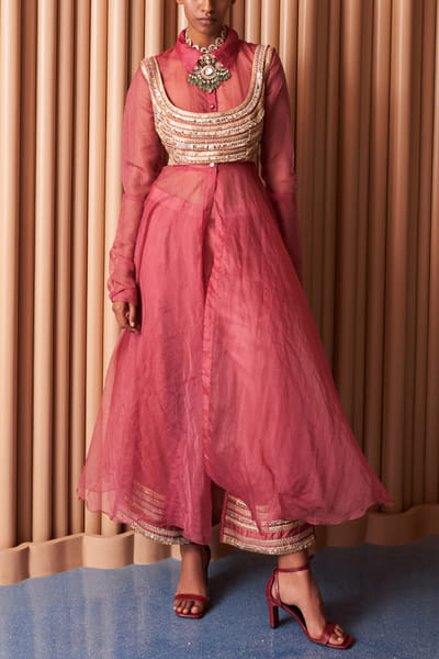 Champagne rust zari embroidery shirt kurta set