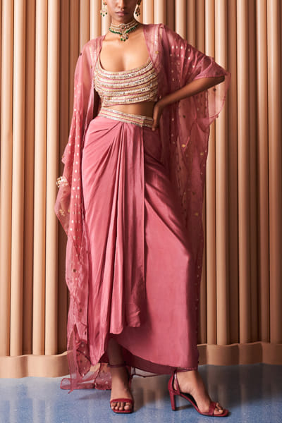 Champagne rust zari embroidery skirt set