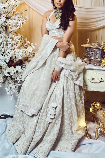 Varun Chakkilam Chantilly white sequins embroidery lehenga set VACNOV234