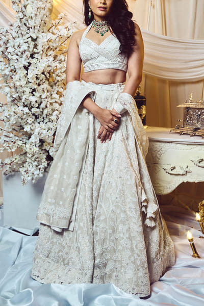 Varun Chakkilam Chantilly white sequins embroidery lehenga set VACNOV234