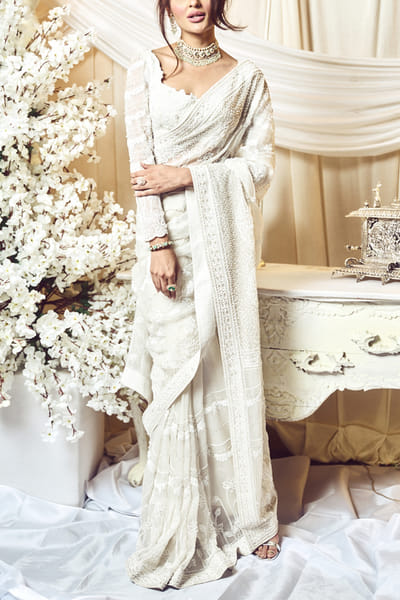 Varun Chakkilam Chantilly white sequins embroidery sari set VACNOV233