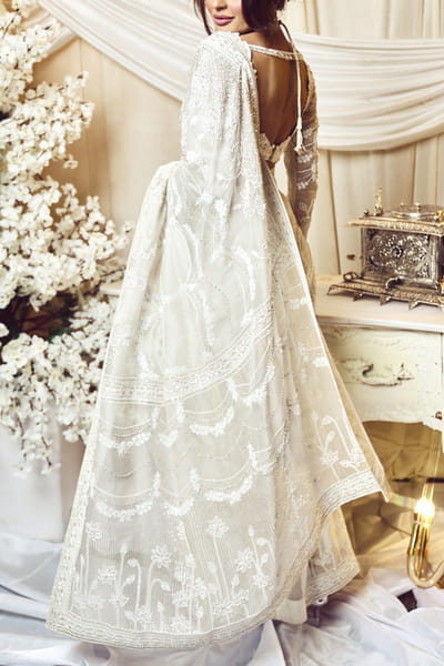 Varun Chakkilam Chantilly white sequins embroidery sari set VACNOV233