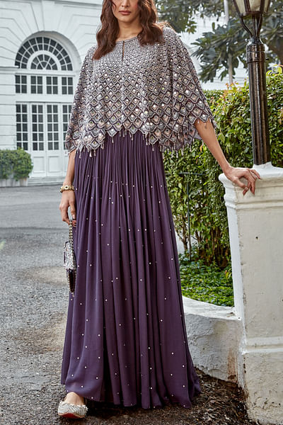 Charcoal gray embellished cape and skirt set