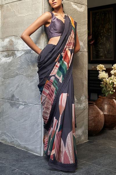 Charcoal grey abstract printed sari set