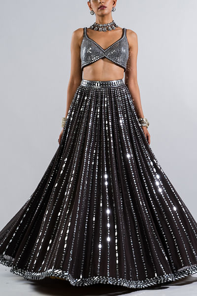 Charcoal grey embellished lehenga set