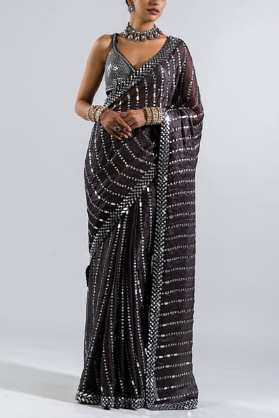 Charcoal grey embellished pre-draped sari set