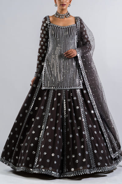 Charcoal grey floral mirror detailed kurta lehenga set