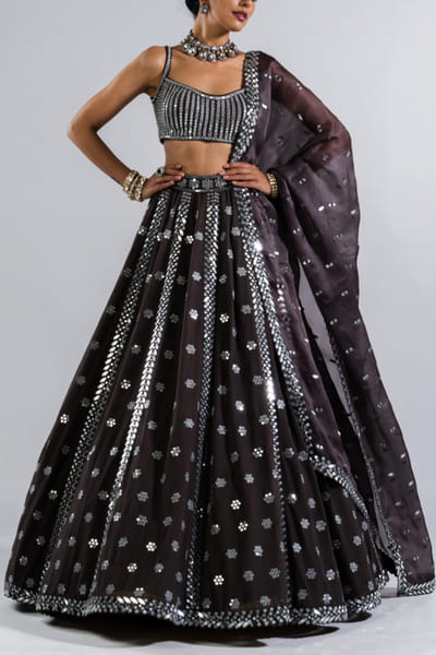 Charcoal grey floral mirror embellished lehenga set