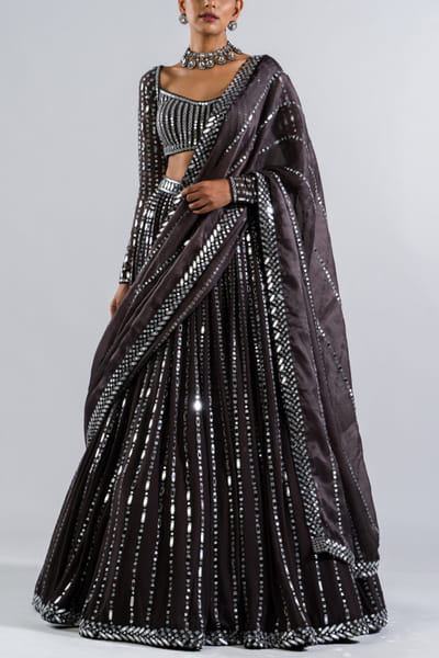 Charcoal grey mirror embellished lehenga set
