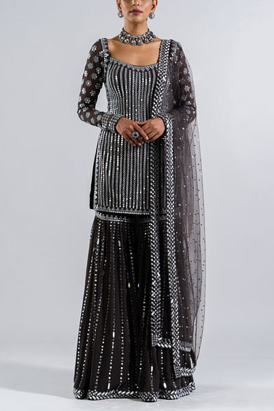 Charcoal grey mirror embellished sharara set
