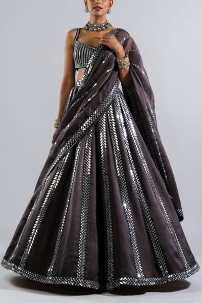 Charcoal grey mirror embroidered lehenga set