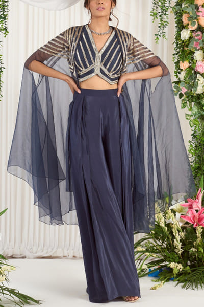 Charcoal grey pearl and sequin embroidered cape set