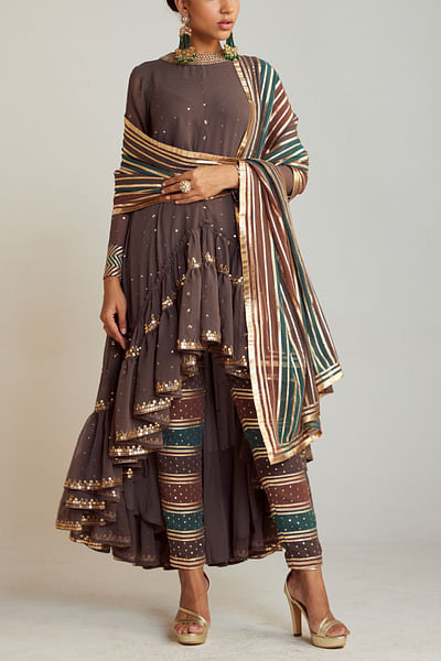 Charcoal grey sequinned asymmetrical kurta set