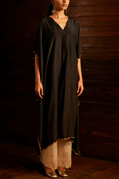 Charcoal scallop sequin embellished woven kaftan set