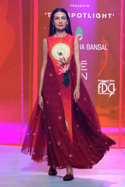 Cherry red floral print long dress