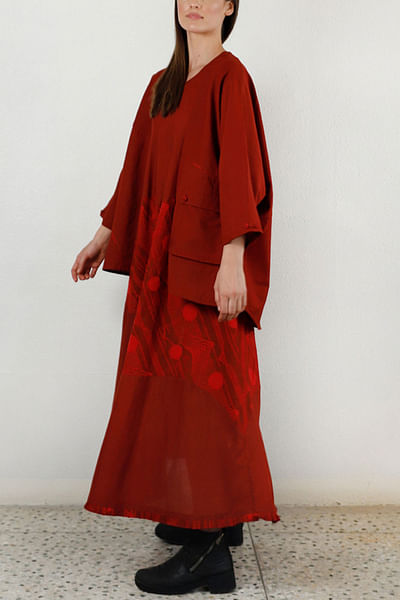 Cherry red printed jacket and maxi set