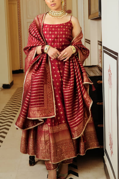 Cherry red self-woven anarkali set