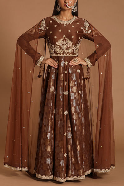 Chocolate brown dori embroidery anarkali set