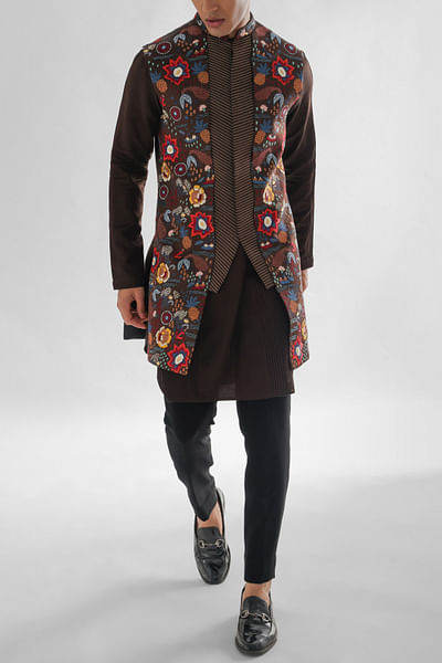 Chocolate brown motif thread embroidered Nehru jacket set
