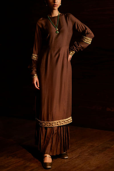 Chocolate brown sequin embroidered woven kurta set
