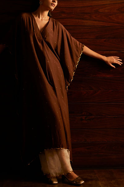 Chocolate scallop sequin embellished woven kaftan set
