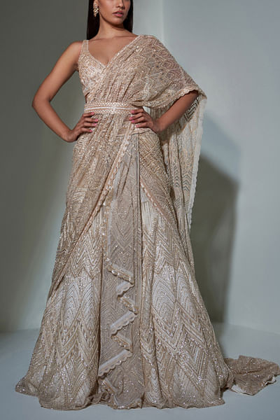 Chrome gold embroidered lehenga sari set