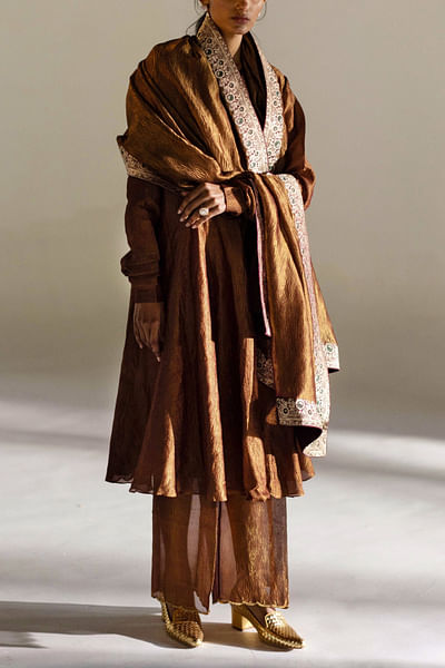 Cinnamon woven tissue silk kurta set