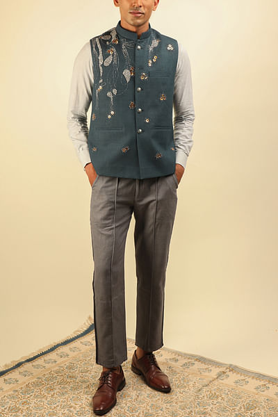 Classic blue zari embroidery khadi Nehru jacket