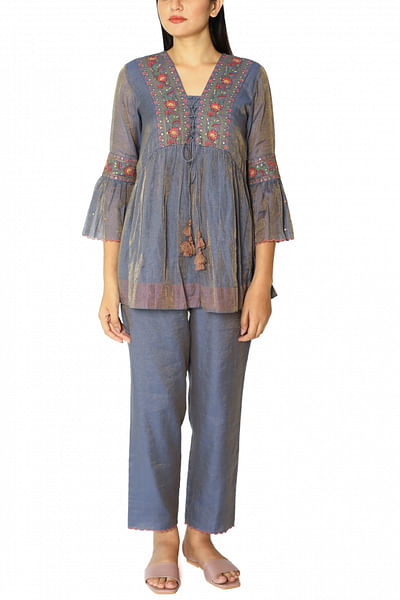 Cobalt blue embroidered top and pants set