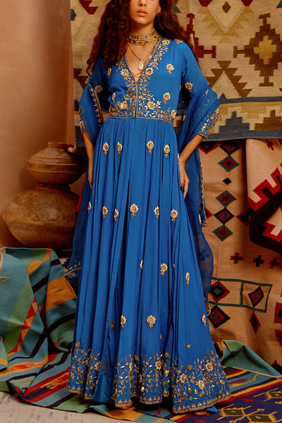 Cobalt blue floral embroidery anarkali set