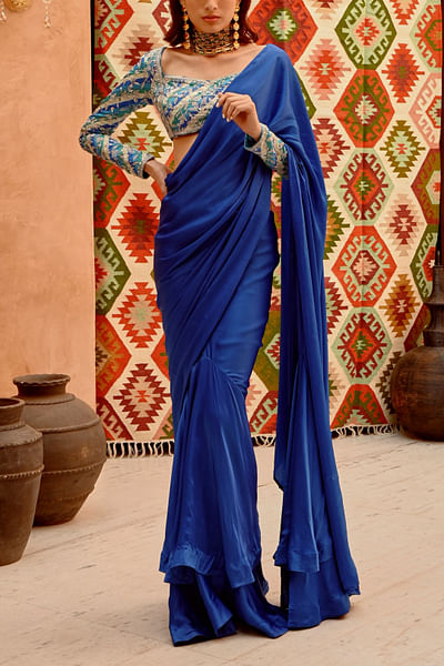 Cobalt blue pre-draped saree set