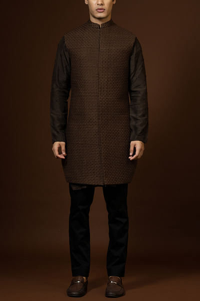 Coffee brown French knots embroidery Nehru kurta set