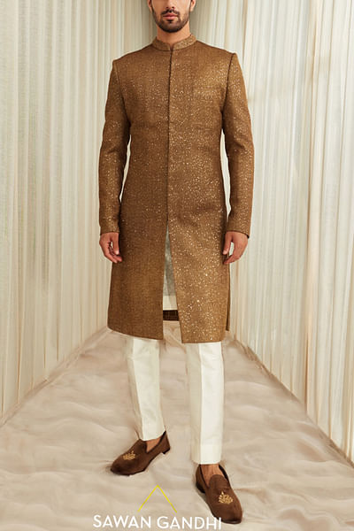 Coffee gold sequin embellished sherwani set