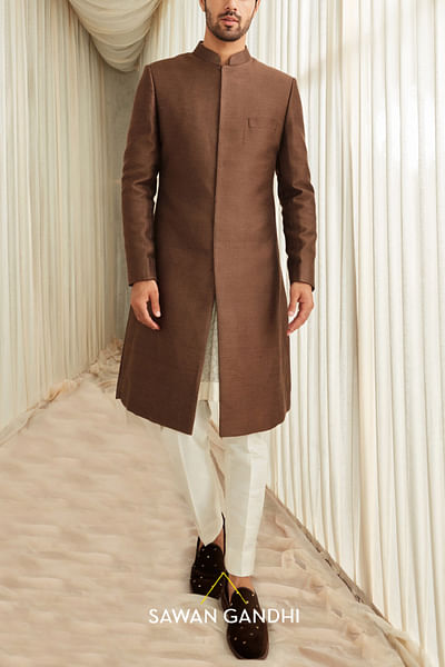 Coffee moga silk sherwani set