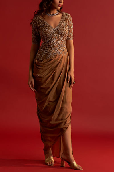 Copper gold zardozi embroidery draped gown