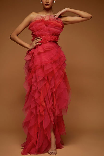 Coral cascade layered tulle gown
