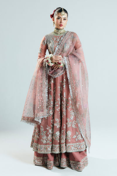 Coral dabka embroidered anarkali set