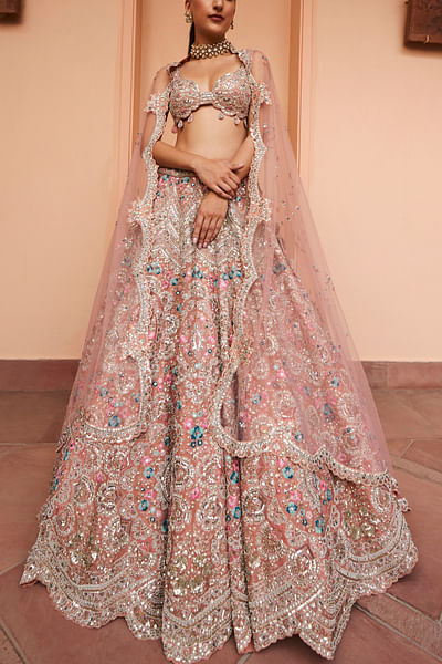 Coral floral embroidered lehenga set