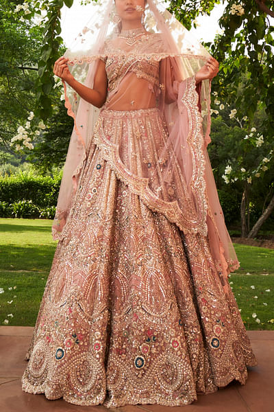 Coral floral embroidery lehenga set