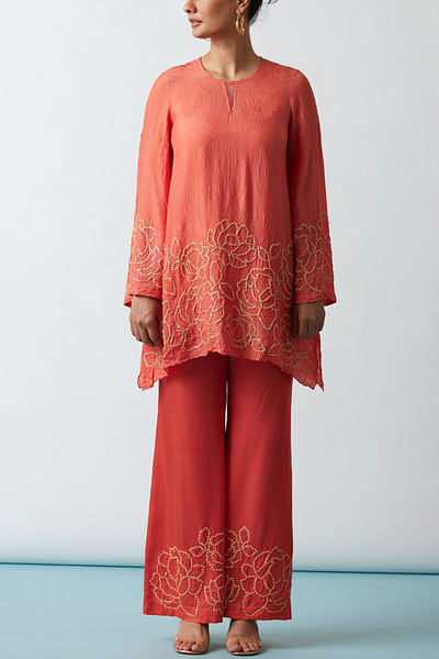 Coral floral embroidery tunic set