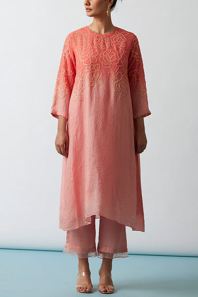 Coral ombre floral embroidery kurta set